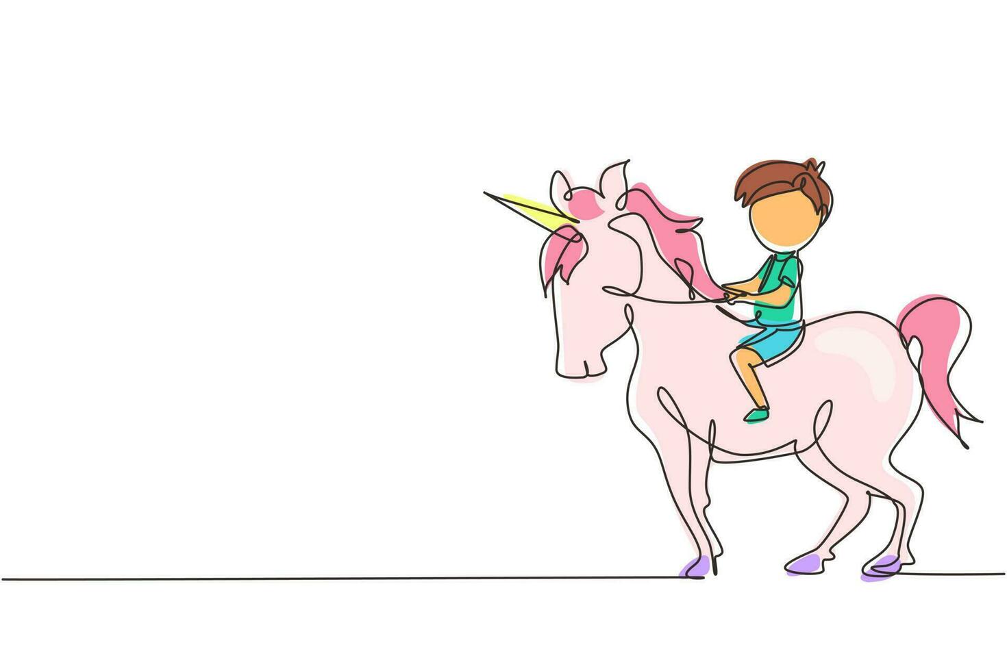 Continuous one line drawing happy cute boy riding cute unicorn. Child sitting on back unicorn in fairy tale dream. Kids learning to ride unicorn. Single line draw design vector graphic illustration