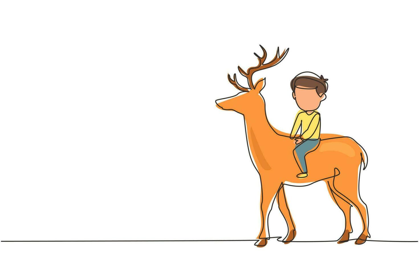 Single continuous line drawing happy little boy riding deer. Child sitting on back deer with saddle in ranch ground. Kids learning to ride reindeer. One line draw graphic design vector illustration