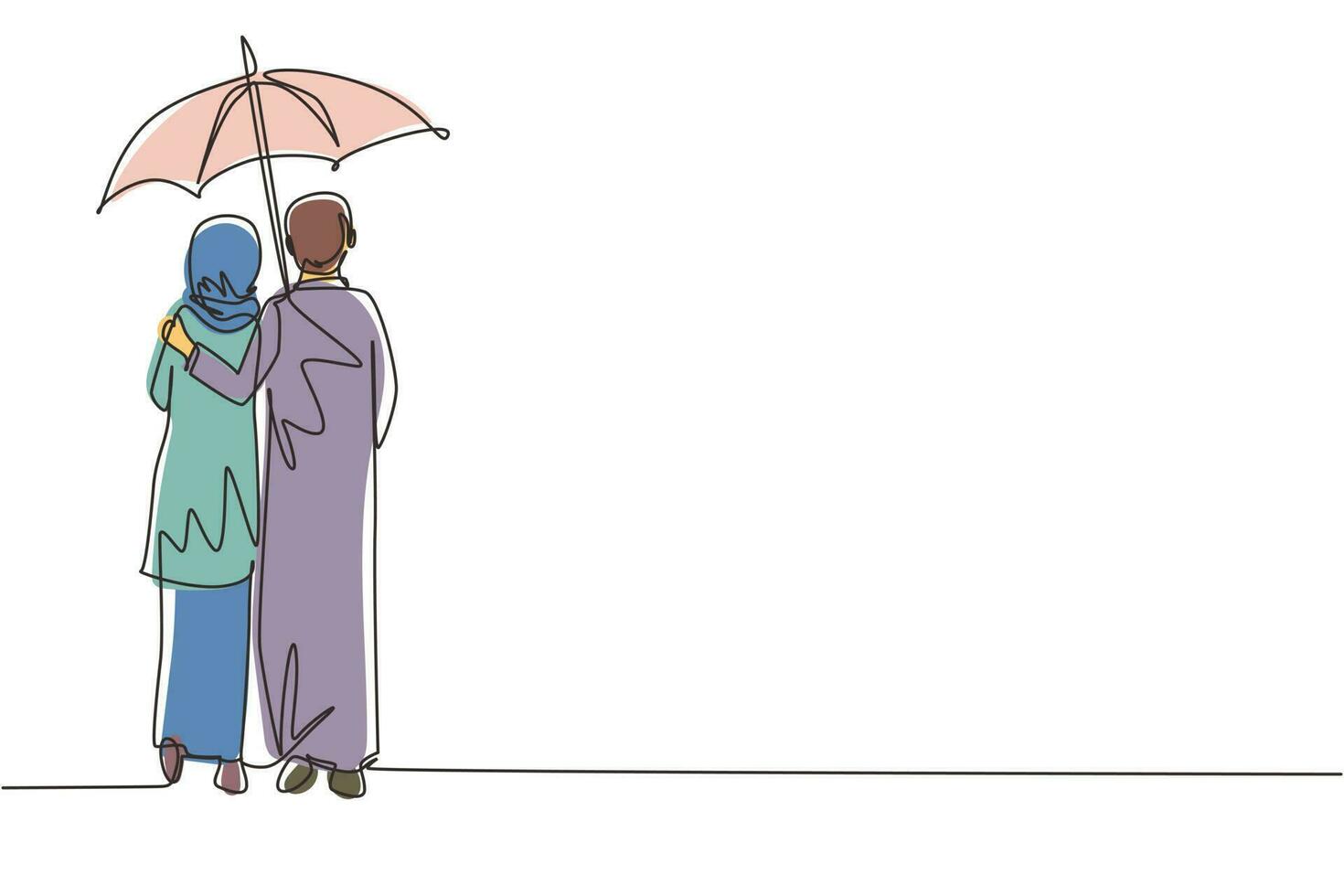 Continuous one line drawing back view lovers couple in rain. Arabic couple in love walking under rain with umbrella. Man and woman are walking along city street. Single line draw design vector graphic