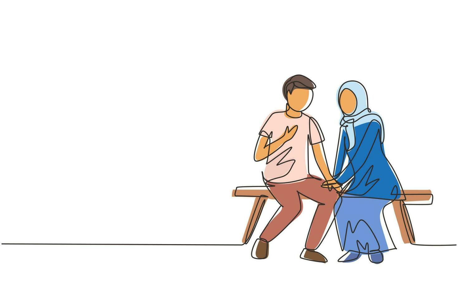 Single one line drawing romantic Arabian couple talking while sitting on bench. Couple getting ready for wedding. Engagement and love relation. Continuous line draw design graphic vector illustration