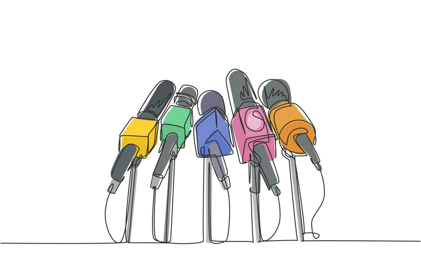 Single continuous line drawing live news template with microphone. Journalist journalism concept. Newsmakers and interviewers. Different tv signs. One line draw graphic design vector illustration