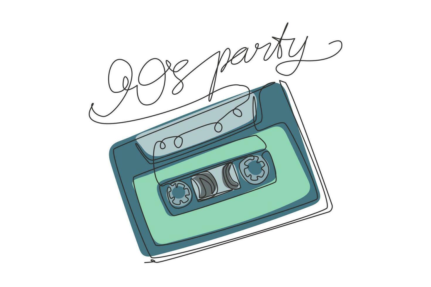 Single continuous line drawing old slogan with music cassette. Slogan 90s party. Image for printing on t-shirt, clothes, postcard, background, banner. One line draw graphic design vector illustration