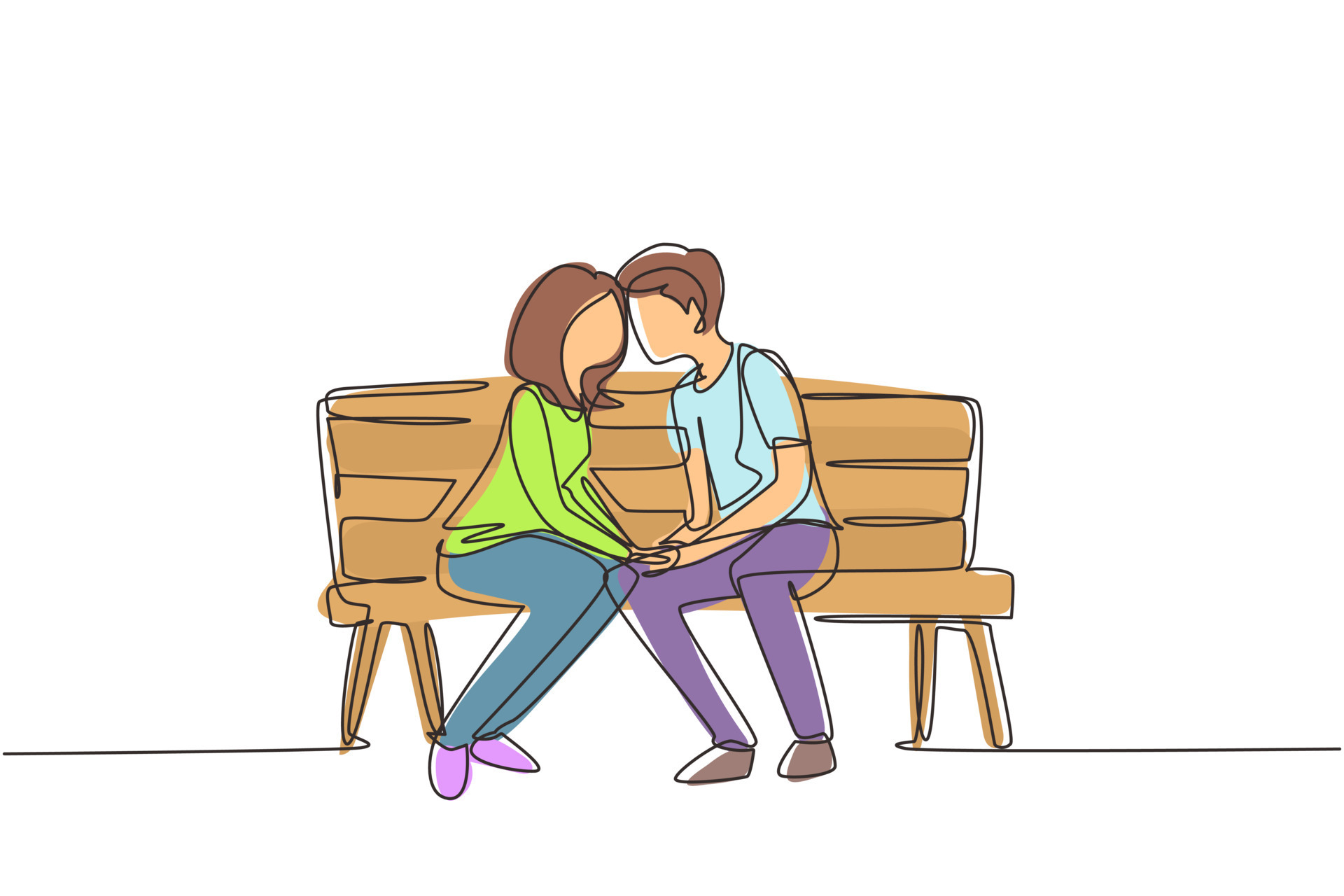 Single one line drawing kissing couple. Young man and woman face to