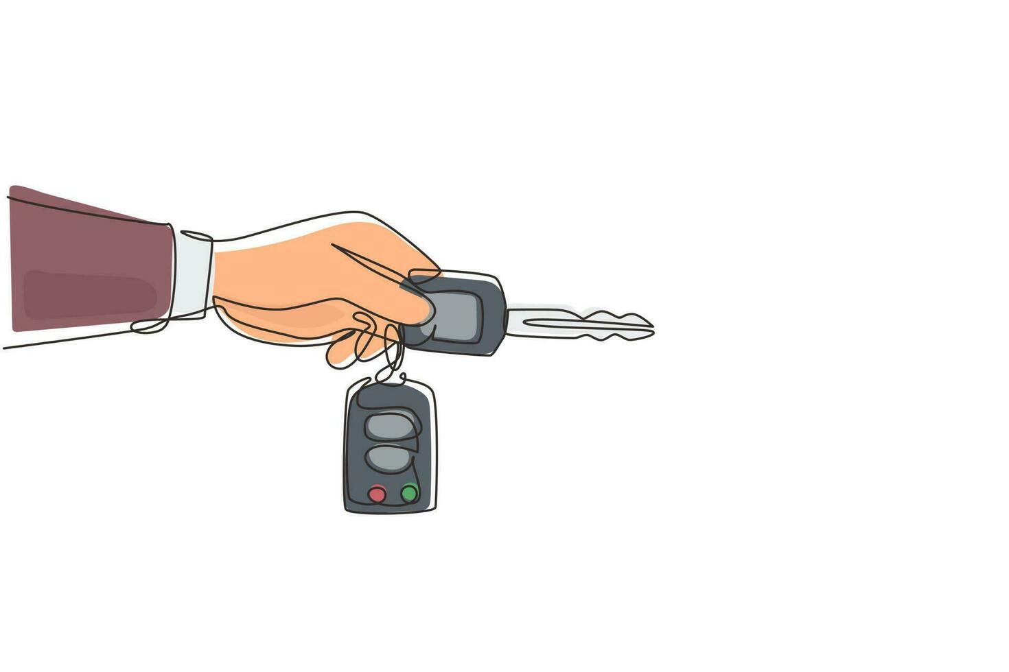 Single one line drawing hand holding car key and alarm system. Male hand holding car key with alarm keychain. Hand of car salesman manager holding key. Continuous line draw design graphic vector