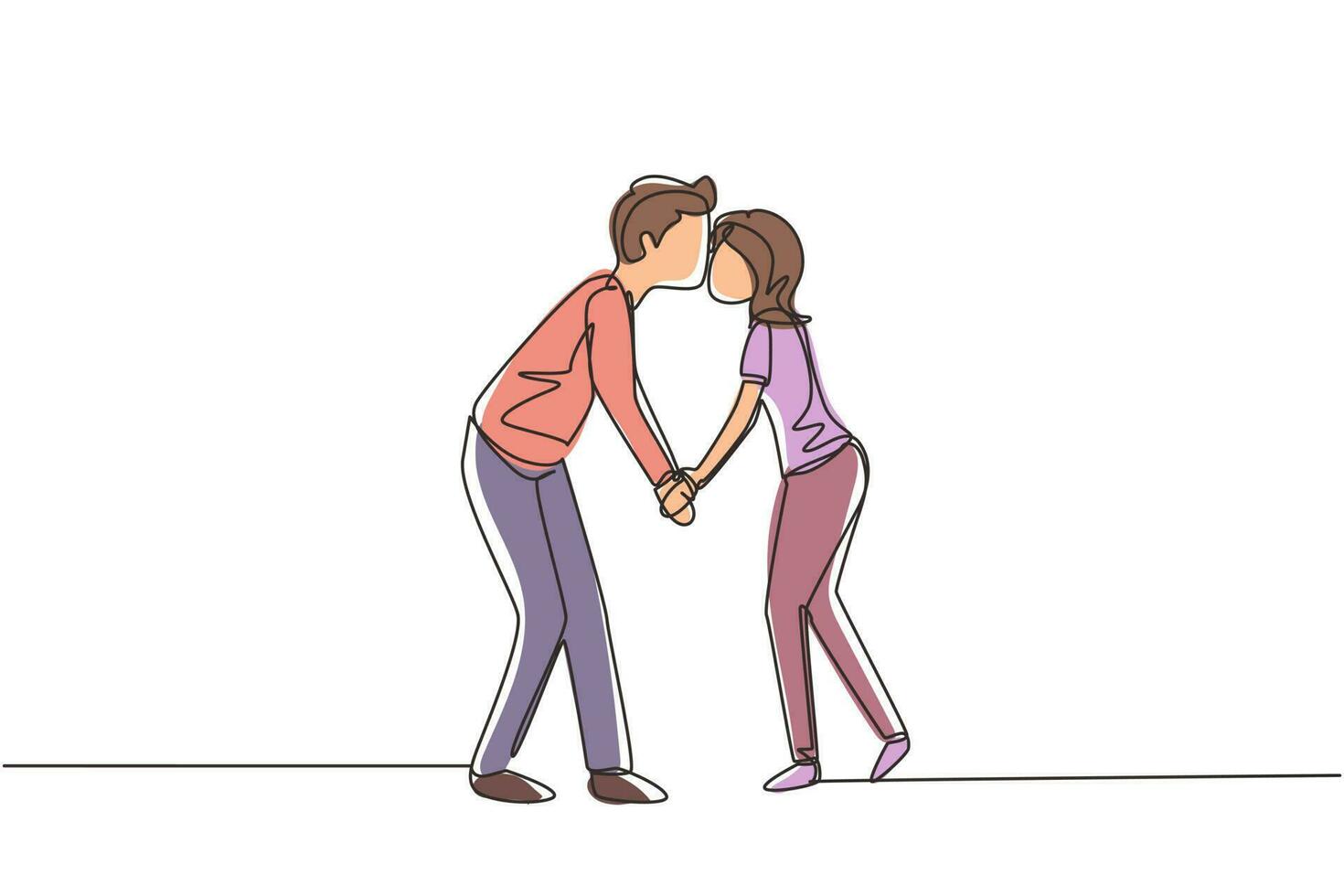 dibujo de una sola línea continua romántico de pareja masculina y femenina con los labios encerrados en un beso. feliz linda pareja amantes besándose y tomándose de la mano. Ilustración de vector de diseño gráfico de dibujo de una línea dinámica