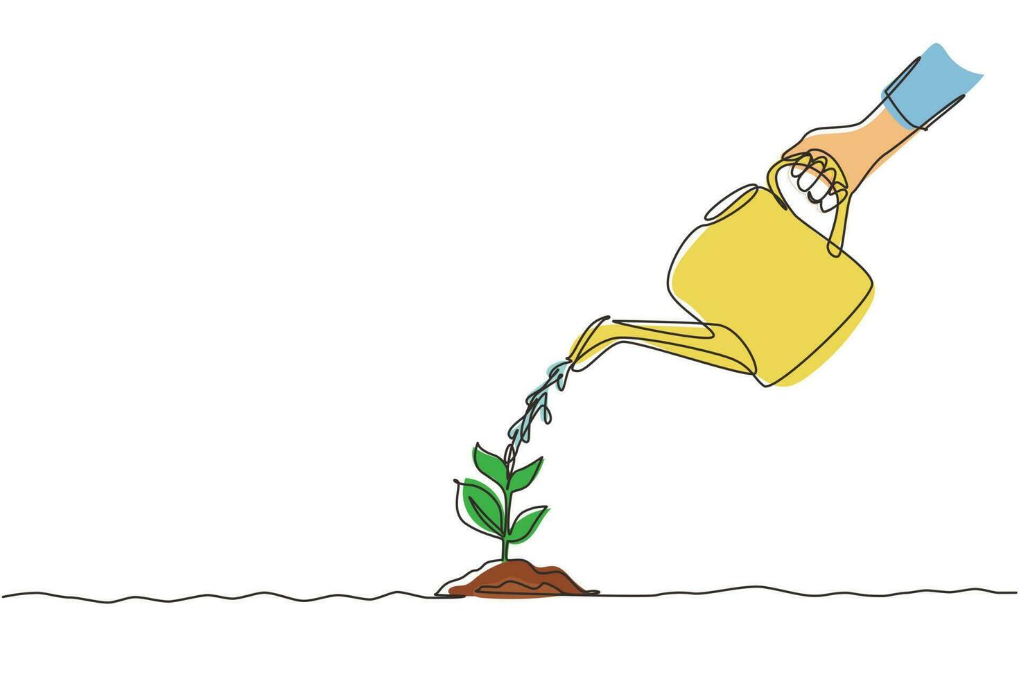 Single continuous line drawing hand holding watering can watering plant at ground. Earth day save environment concept. Growing seedling forester planting. Dynamic one line draw graphic design vector