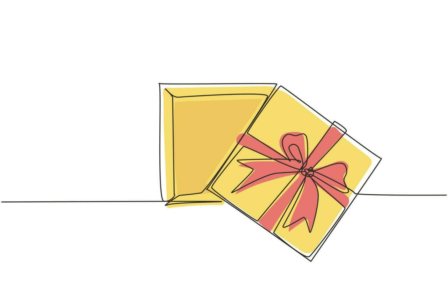 Single continuous line drawing top view open gift box and confetti. Enter to win prize. Present package with bursting element, surprise inside. Dynamic one line draw graphic design vector illustration