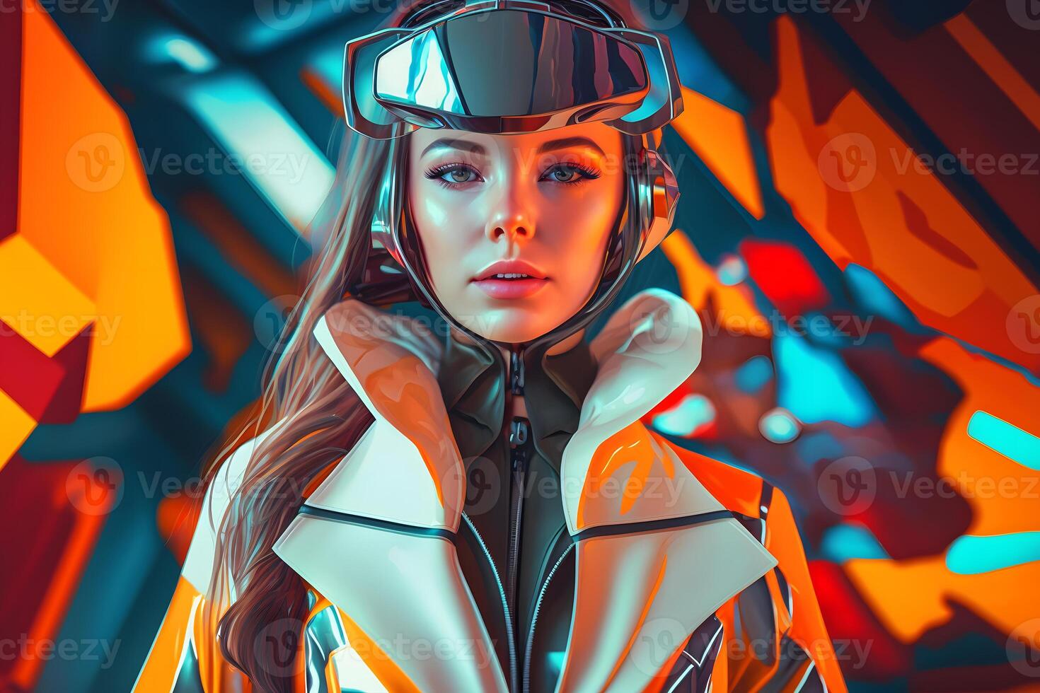Futuristic woman wearing virtual reality glasses. Neural network photo