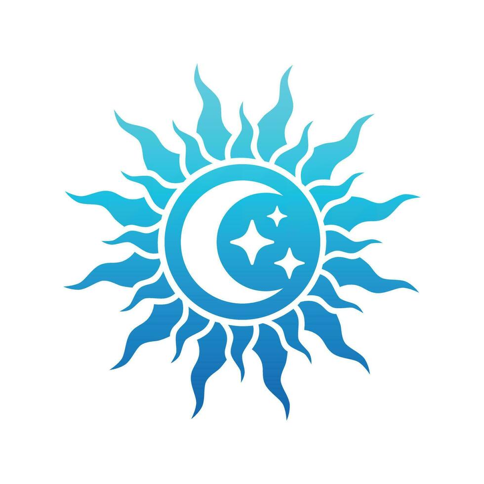 Sun symbol with crescent moon and stars inside vector