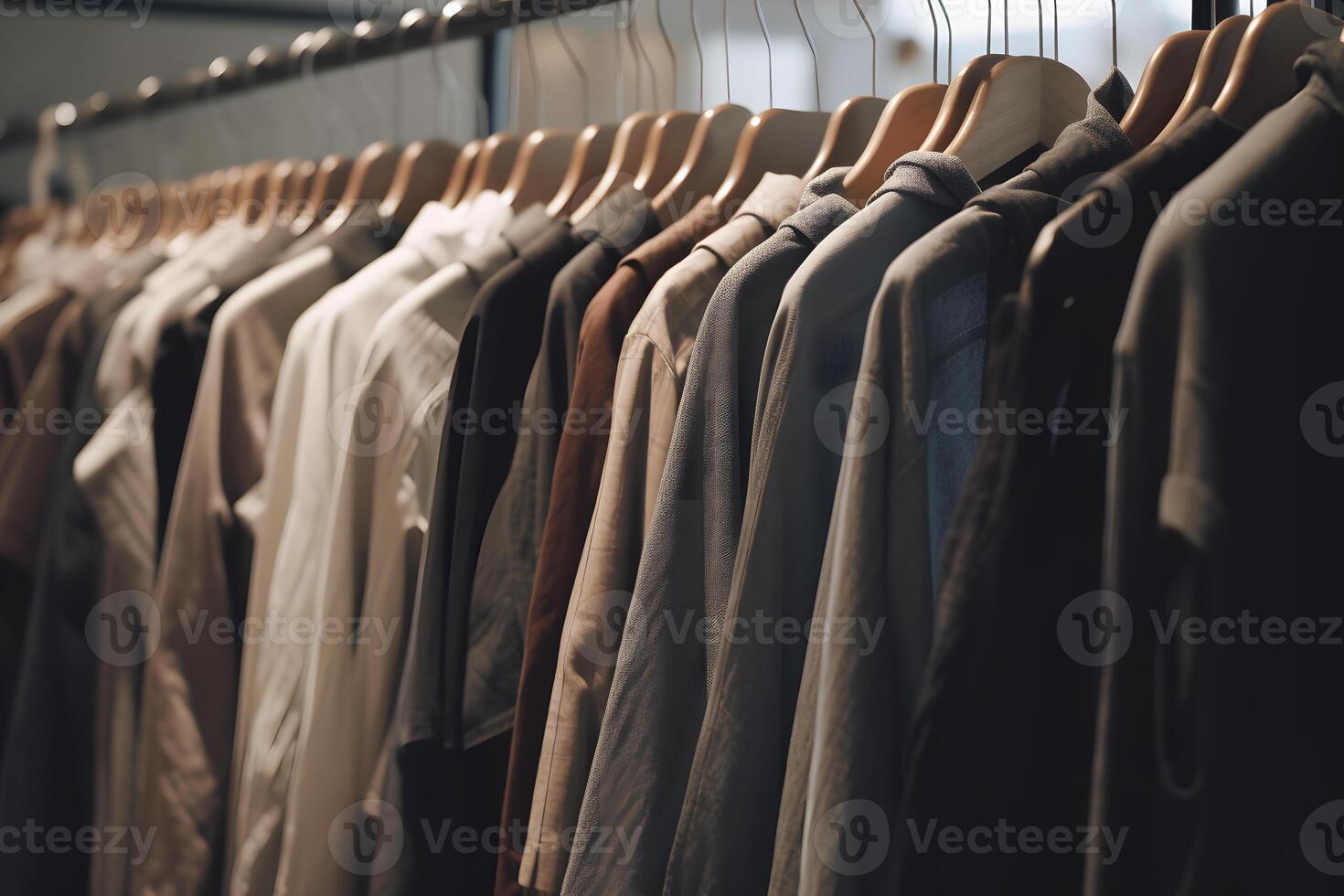 T-shirts in the store hang in a row. Neural network photo