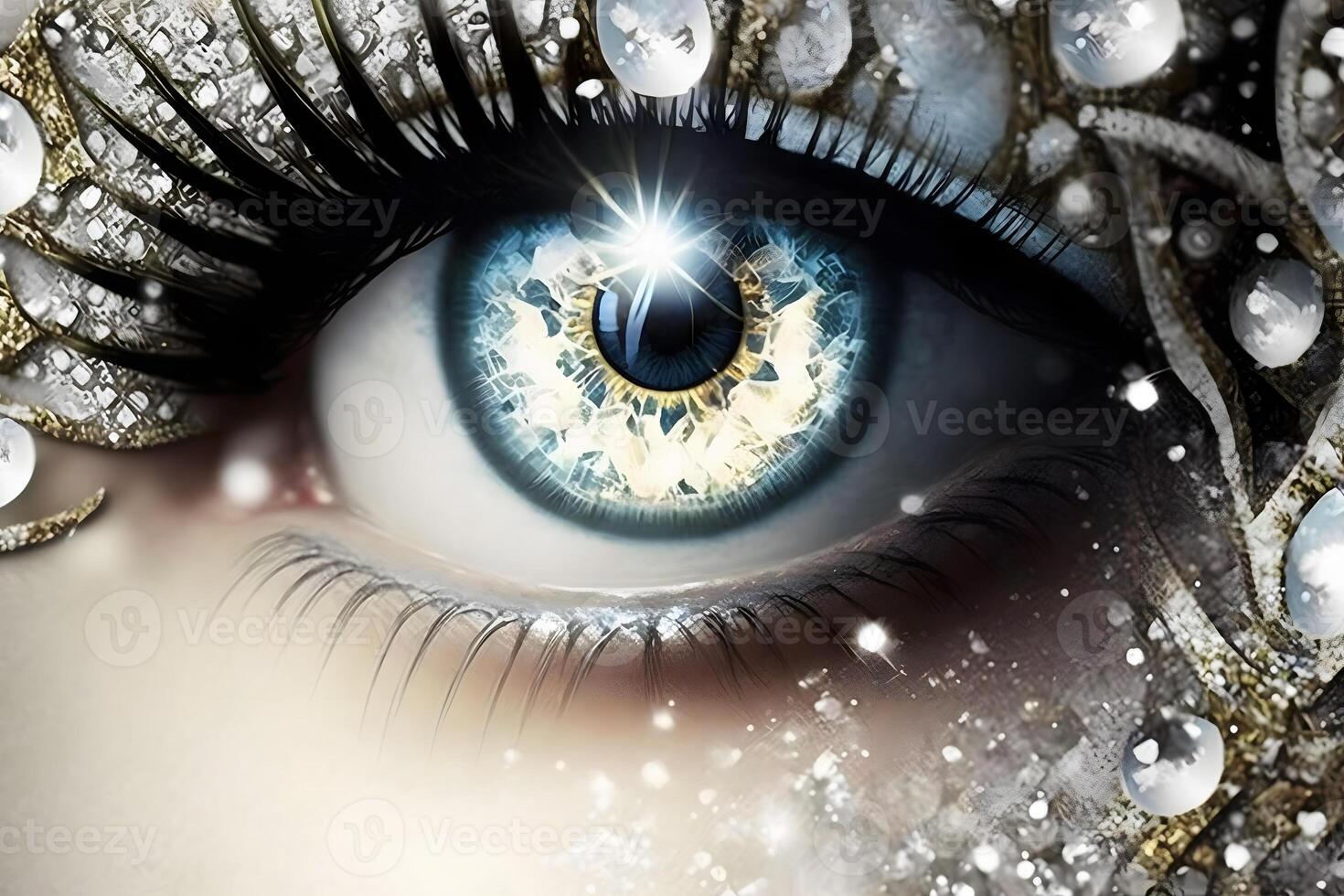 Woman eyes with beautiful glitter makeup. Neural network photo