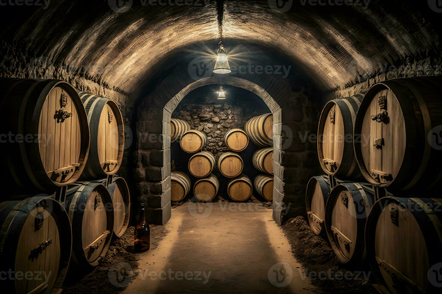 Old Wooden barrels with wine in a wine vault cellar. Neural network generated art photo