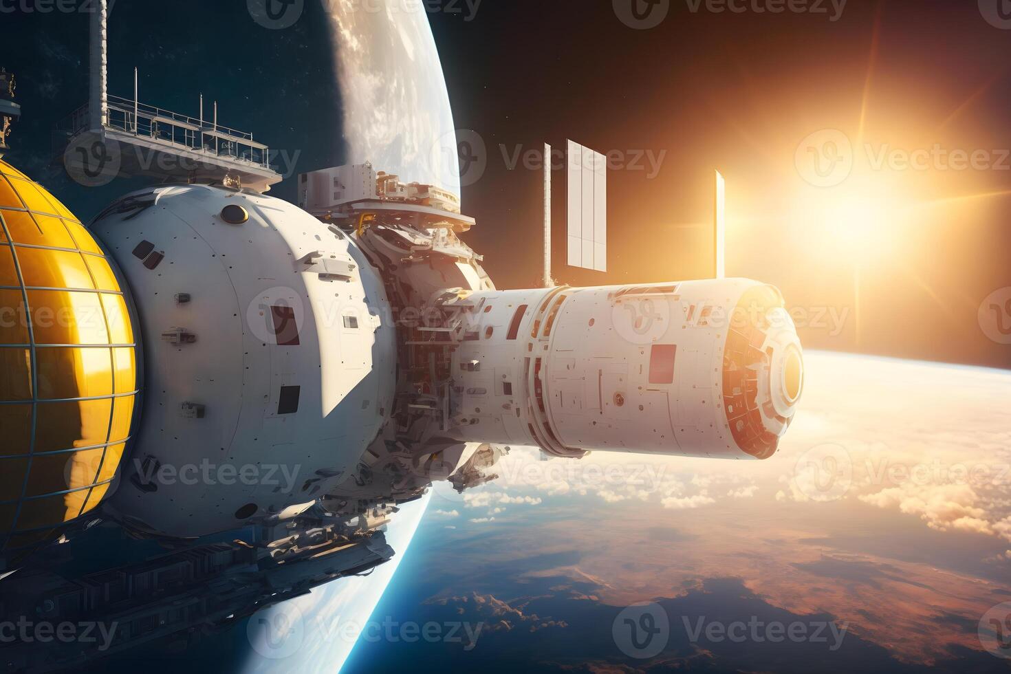 Space station and space ship in the outer space. Earth sunshine on the background. Neural network photo