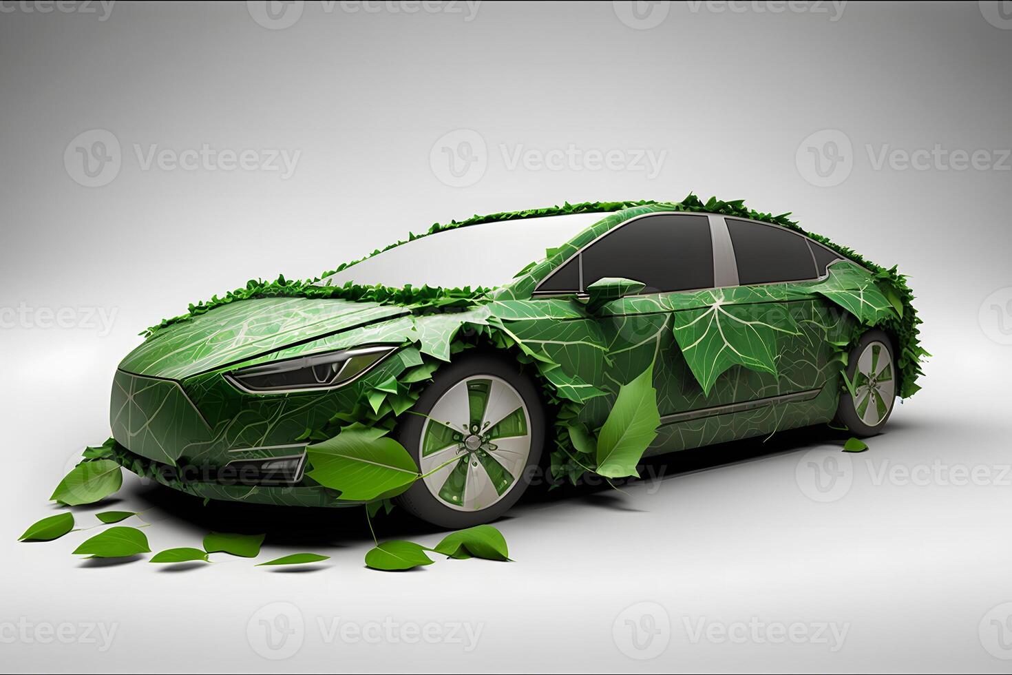 Concept of a ecology car made from green leaves. Neural network photo