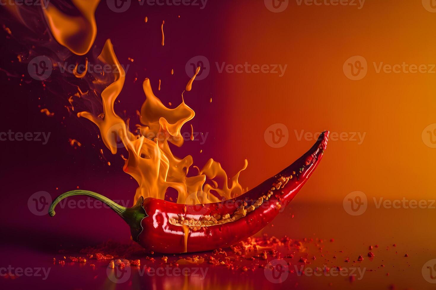 Fresh red chilli pepper in fire as a symbol of burning feeling of spicy food and spices. Red background. Neural network photo