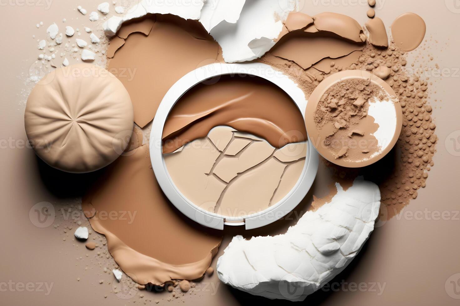 Flat lay composition with various makeup face powders on white background. Neural network photo