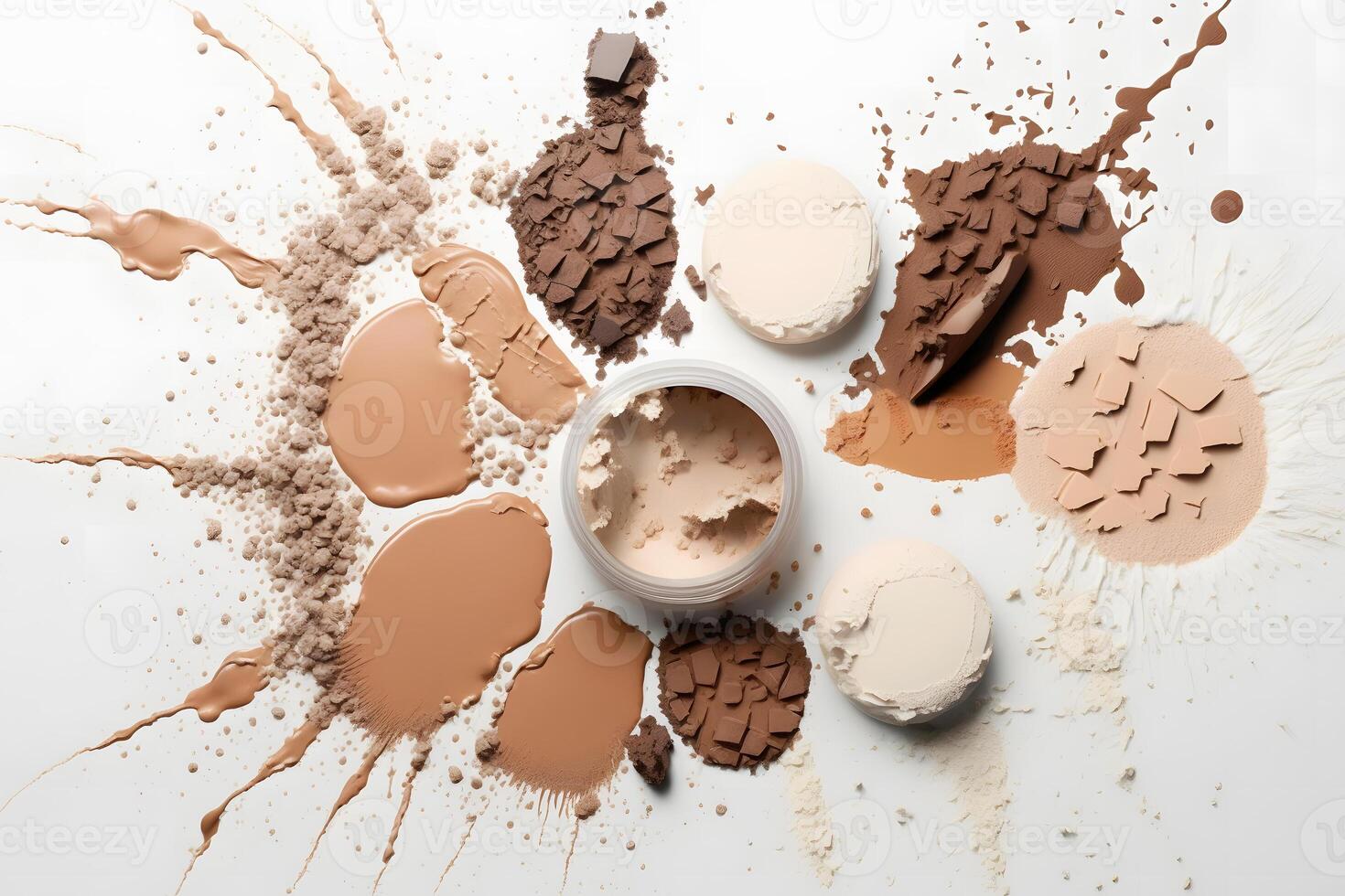 Flat lay composition with various makeup face powders on white background. Neural network photo