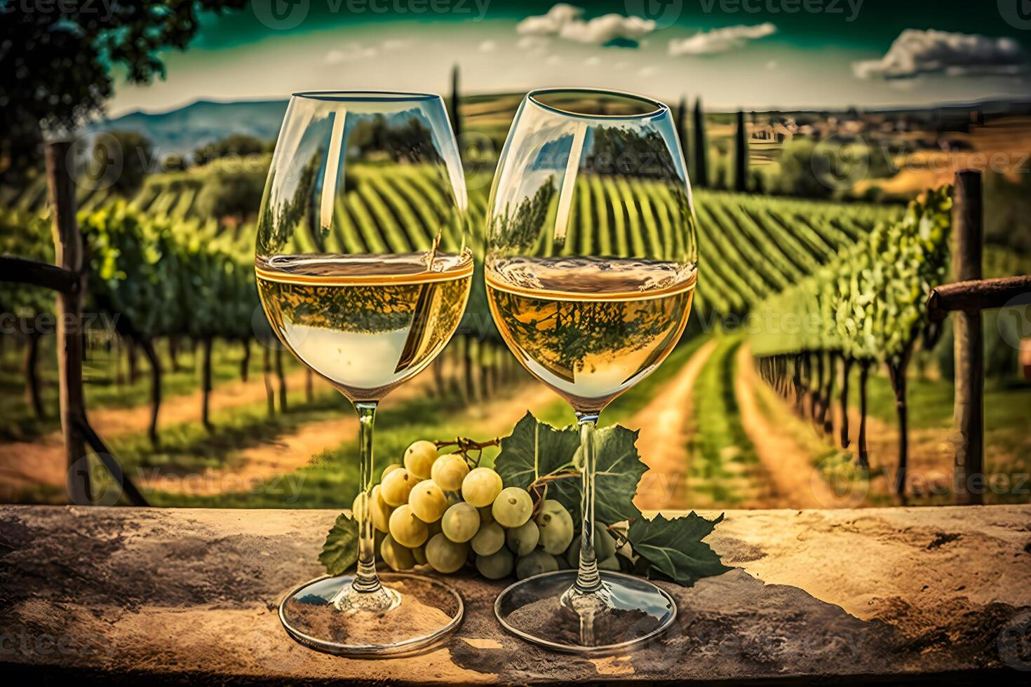un vaso de blanco vino, maduro uvas en el antecedentes de un viñedo. neural red ai generado foto