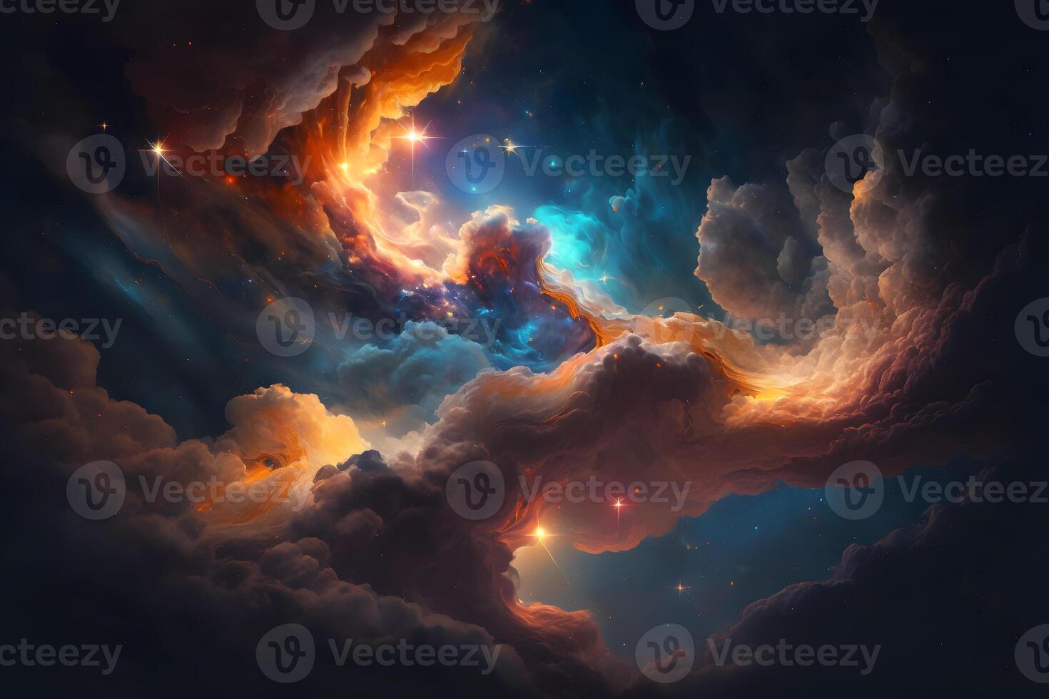 Space background with galaxy and nebula in blue and orange clouds. Neural network photo