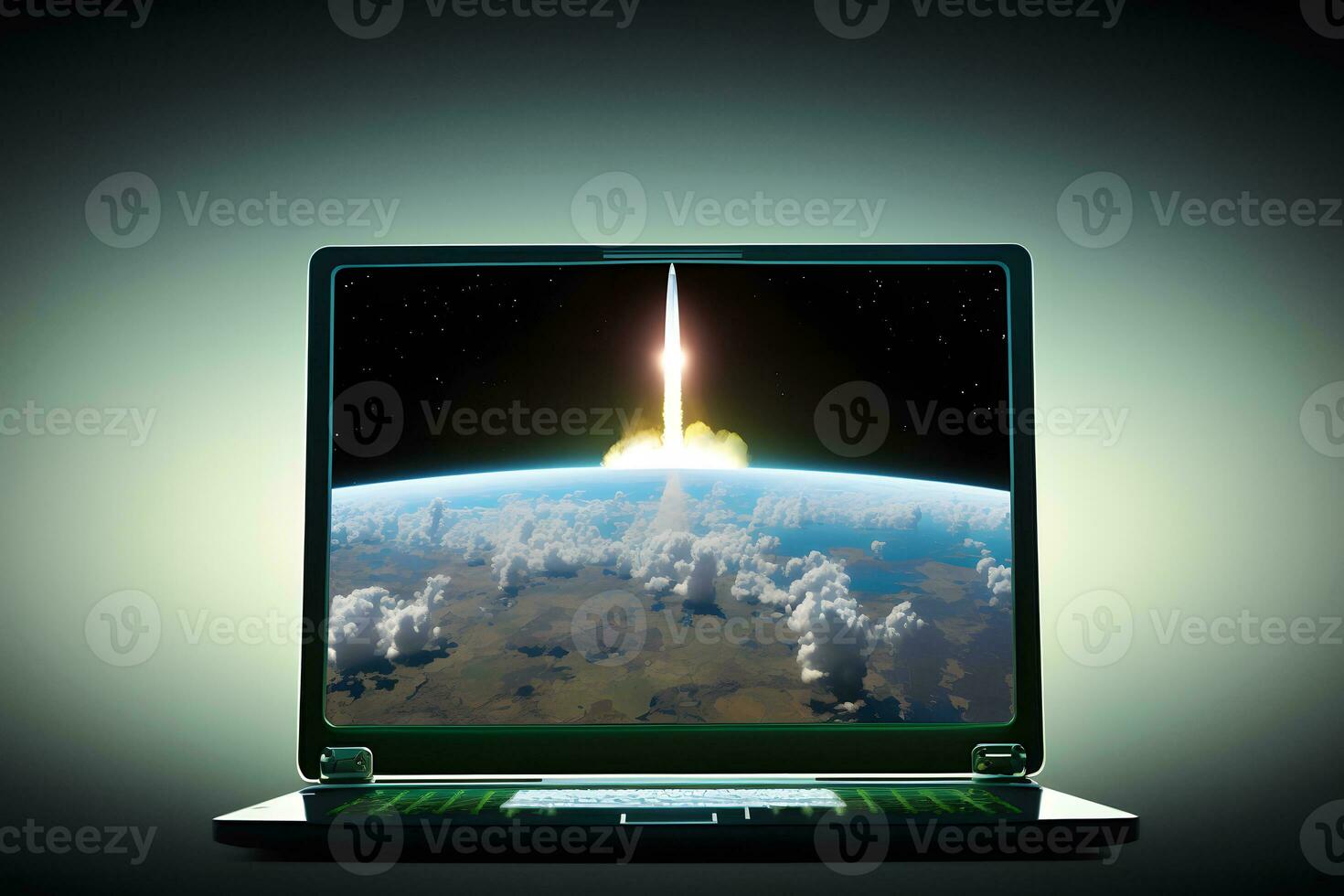 Rocket flies out of the computer, high speed internet, startup concept . Neural network generated art photo