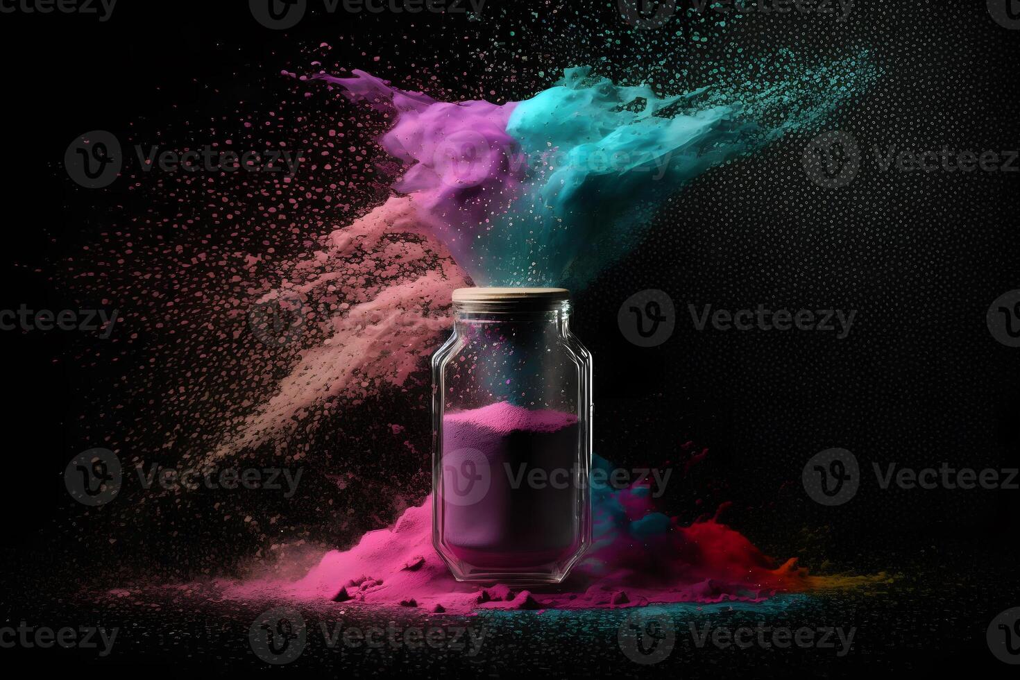 glass container with colored sand on rainbow splash background. Neural network photo