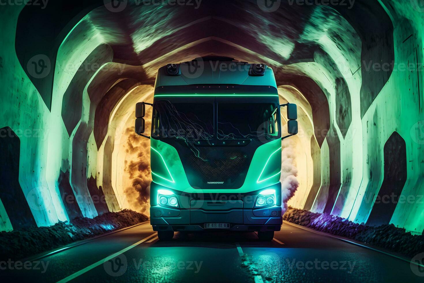 A neon coach, or long haul bus for tourists drives through the mountain tunnels and roads. Neural network generated art photo