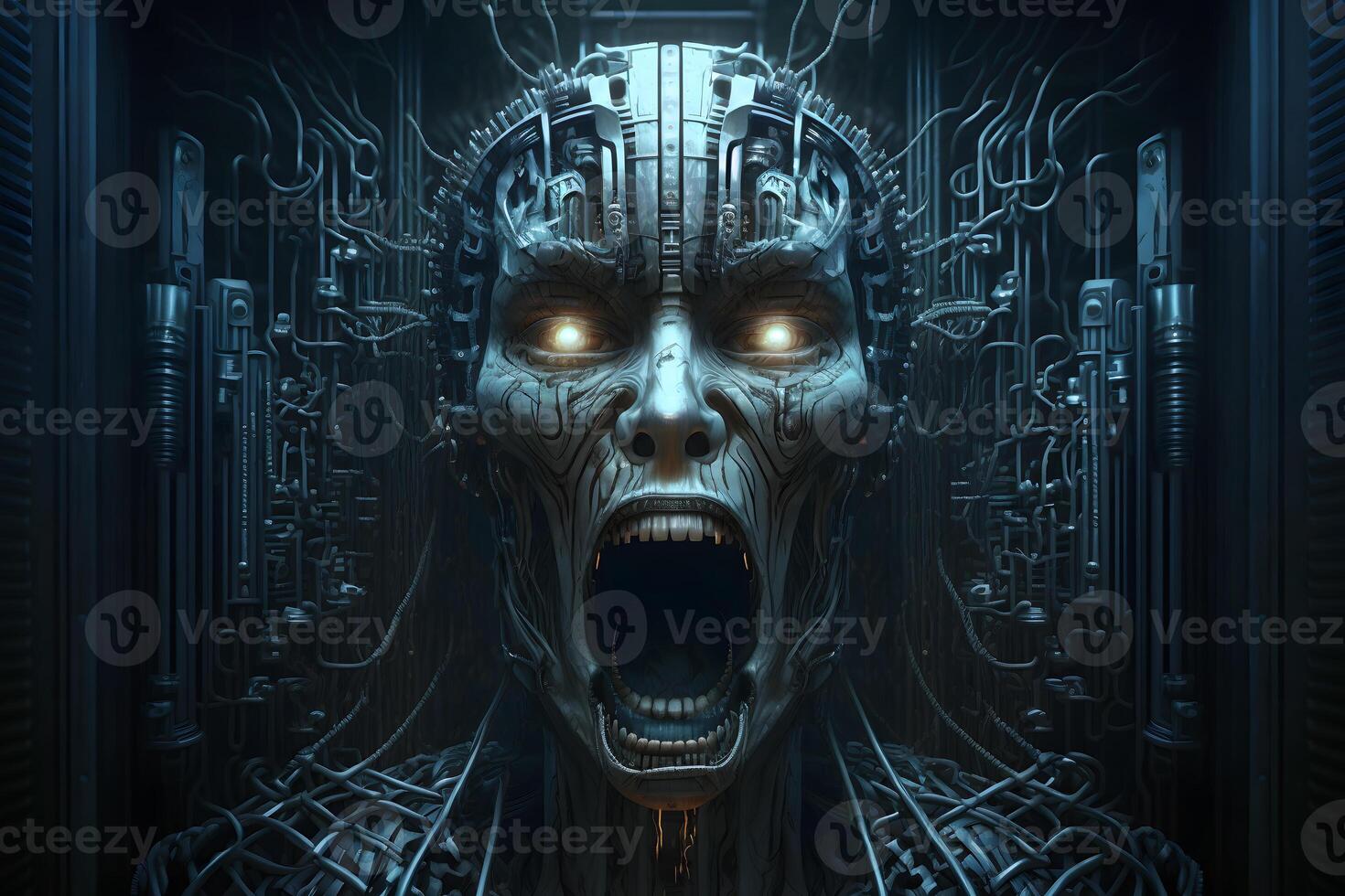 Dark robotic skeleton science fiction screaming robot skull connected to a computer core. Neural network photo