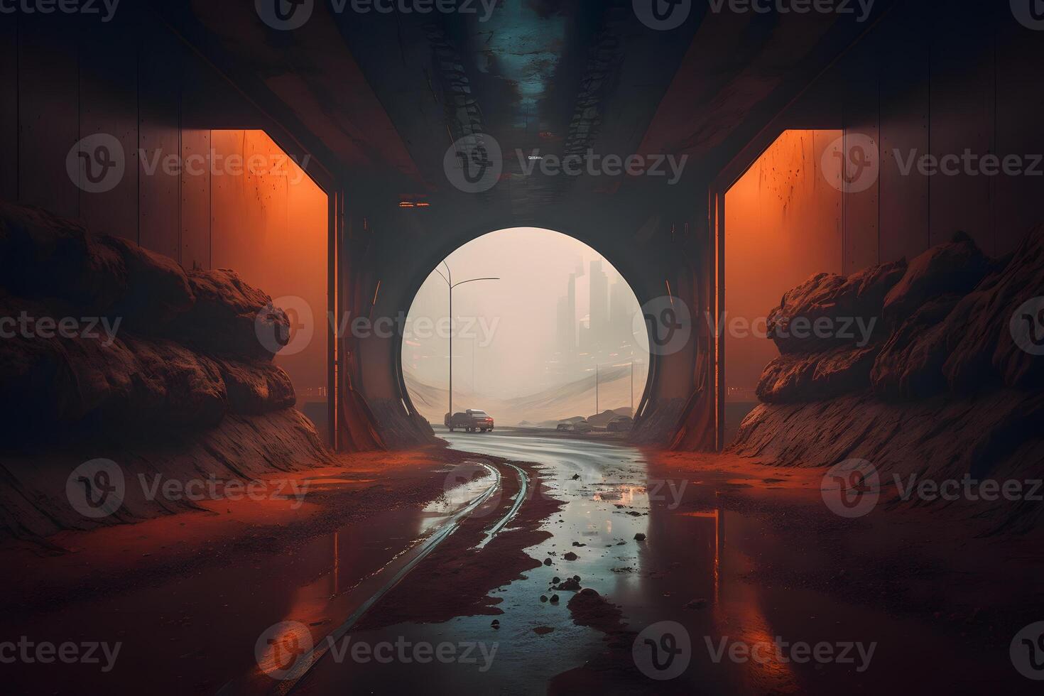 Postapocalyptic tunnel after rain with orange radioactive dust. Neural network photo