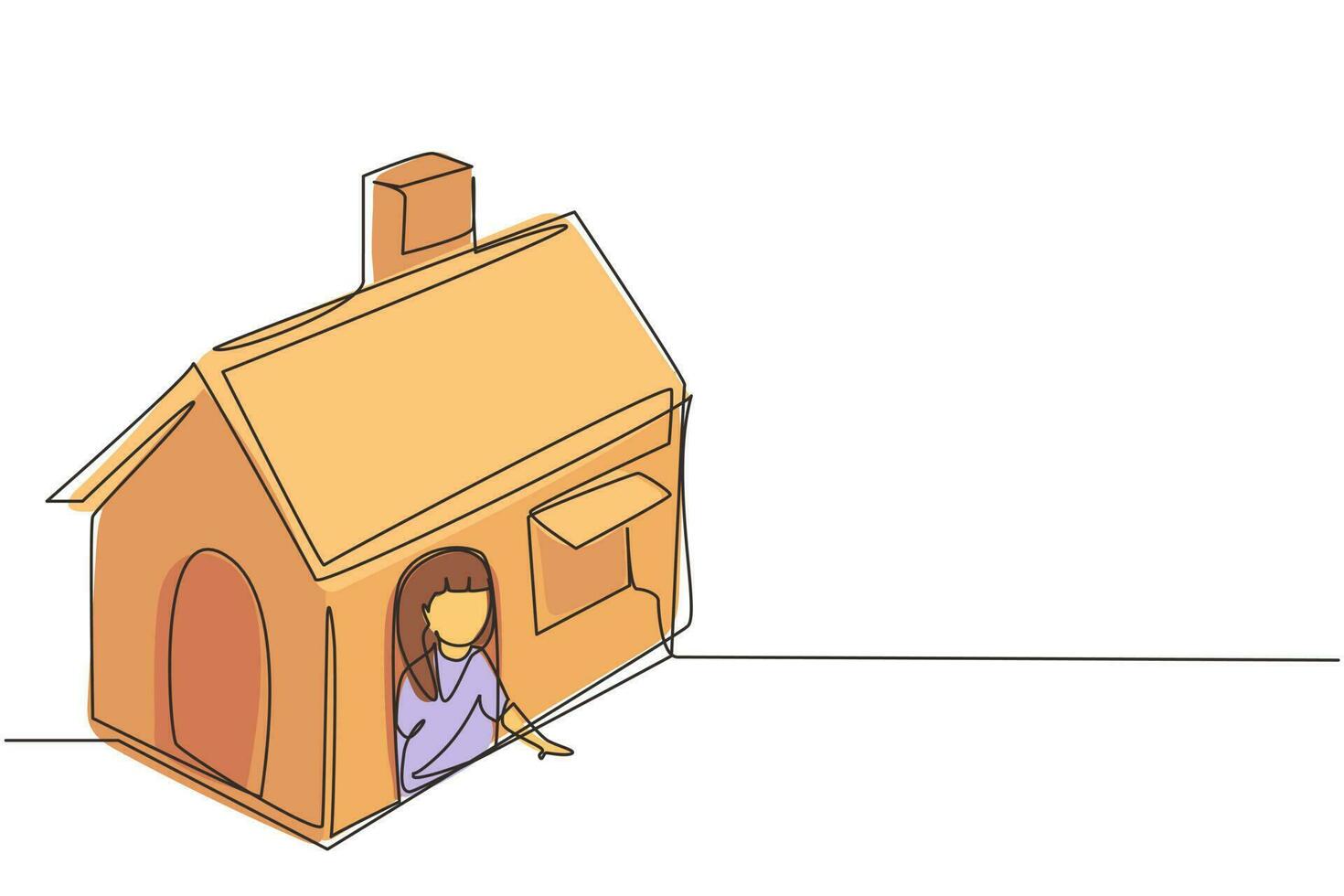 Single continuous line drawing cute little girl playing in house made of cardboard boxes. Creative child sitting in playhouse. Leisure time. Dynamic one line draw graphic design vector illustration