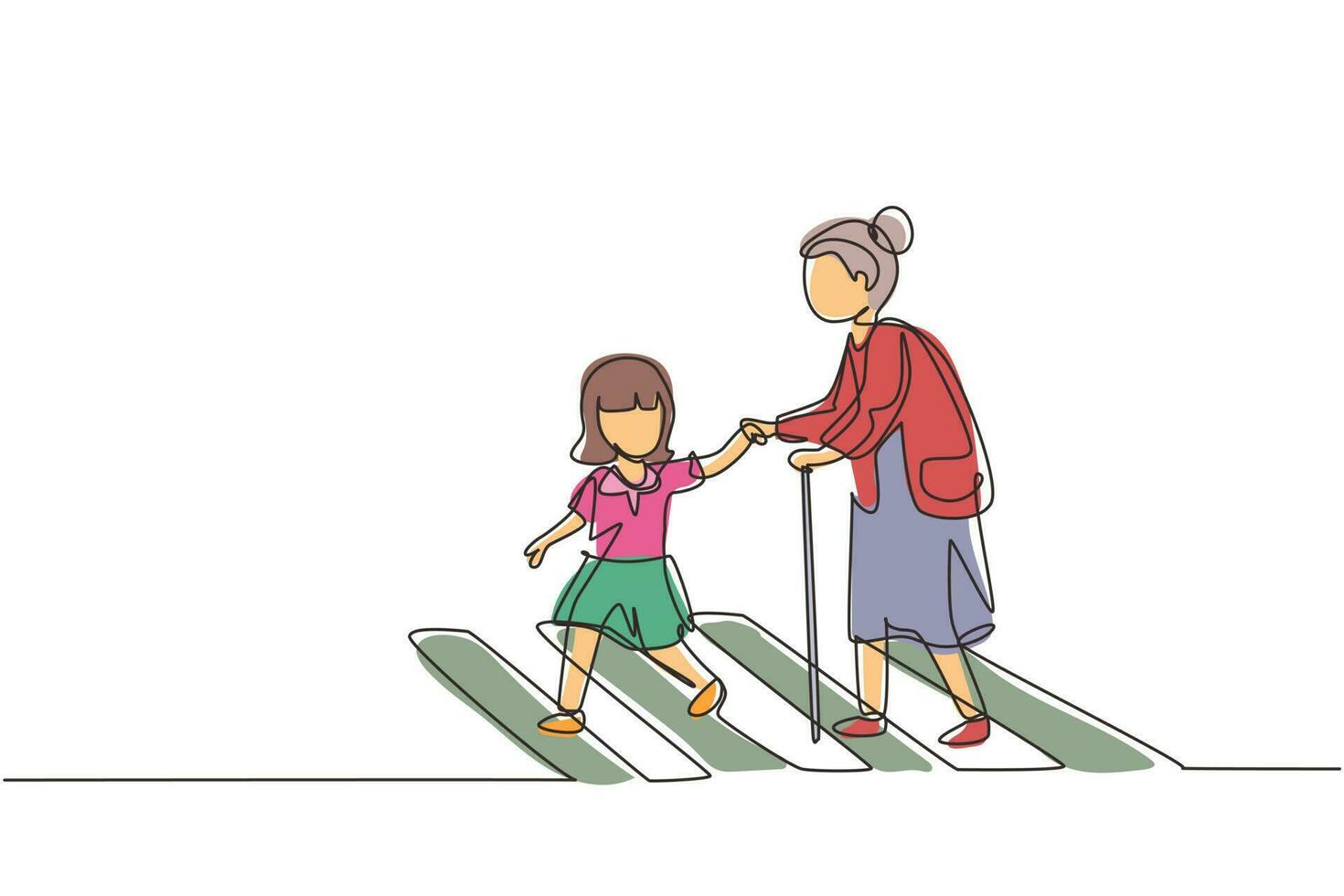 Single One Line Drawing Little Girl Helps Old Woman To Cross Road At single-one-line-drawing-little-girl-helps-old-woman-to-cross-road-at