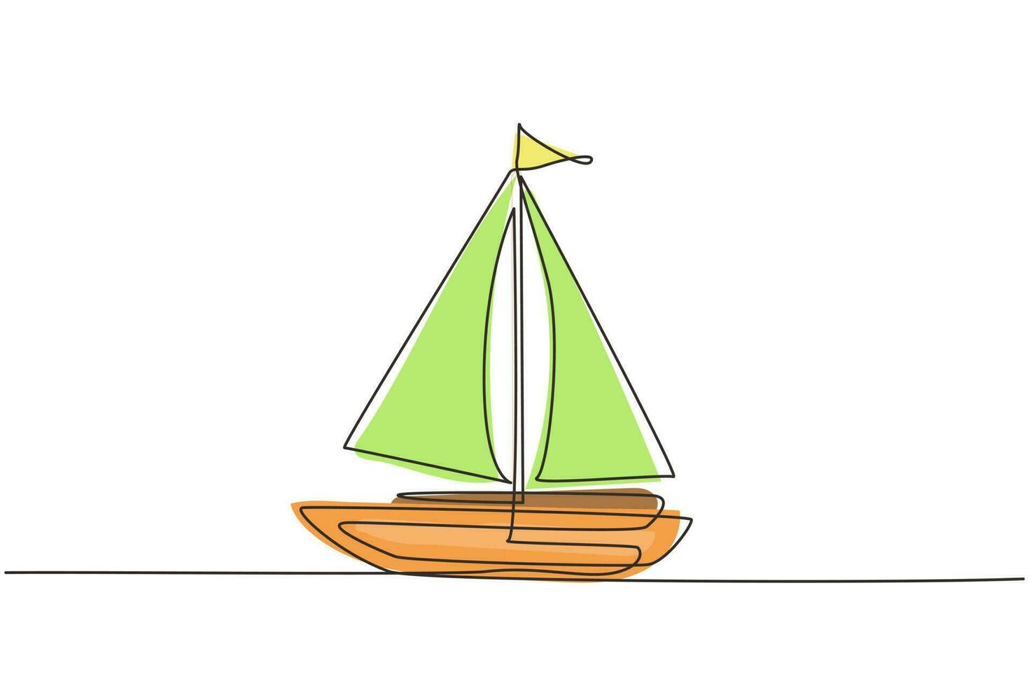 Single one line drawing little sailing ship, boat, sailboat, flat style. Icon or symbol of toy boat, sailing ship, sailboat with white sails. Continuous line draw design graphic vector illustration