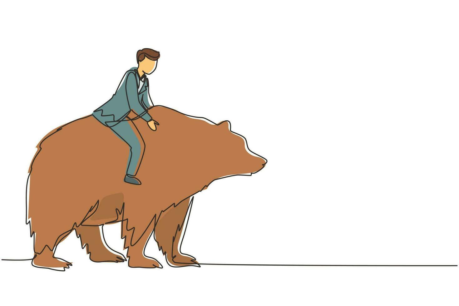 Continuous one line drawing businessman rides on bear in stock market trading concept. stock market analysis, business and investment, stock exchange. Single line design vector graphic illustration