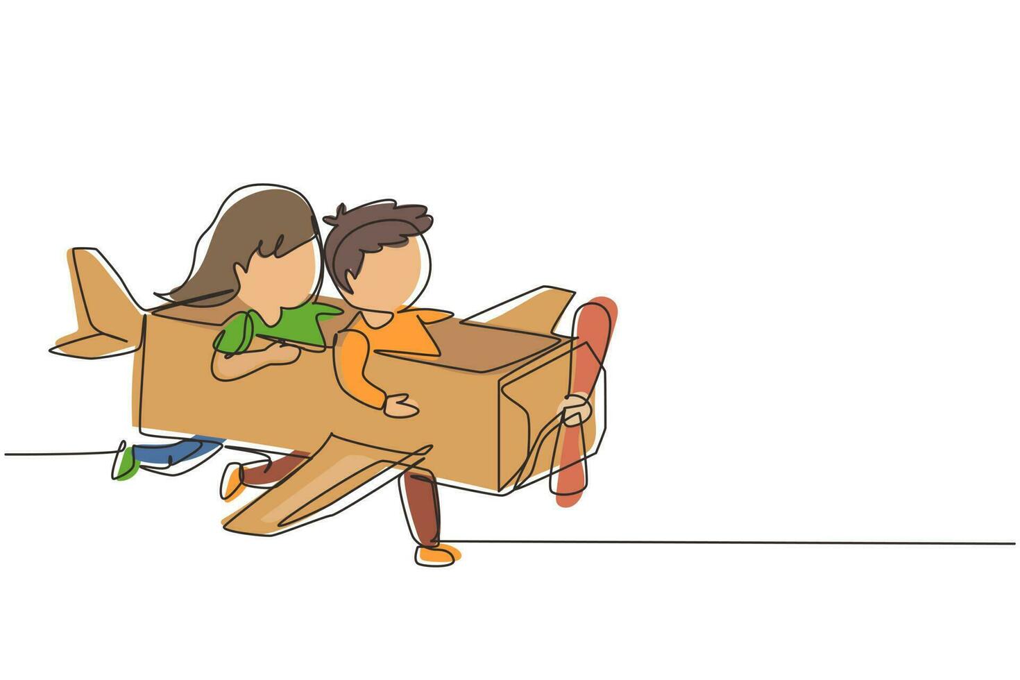 Continuous one line drawing creative kids playing as pilot with cardboard airplane. Children riding cardboard handmade airplane. Plane game pilot. Single line draw design vector graphic illustration