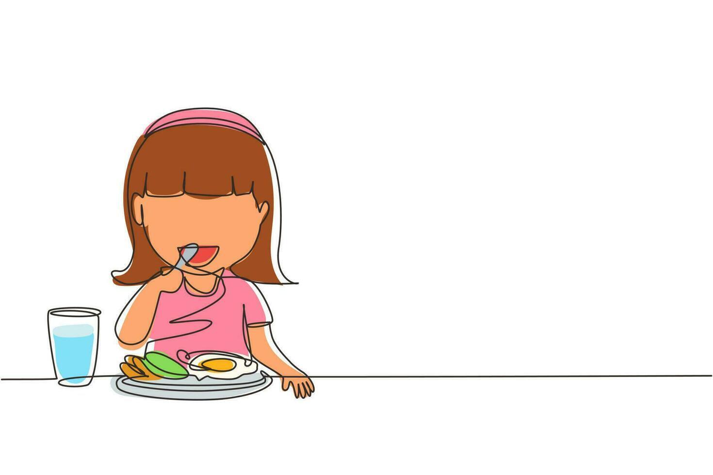 Continuous one line drawing girl eating healthy morning breakfast food. Happy child eat delicious food with milk at home. School girl enjoying dish. Single line draw design vector graphic illustration
