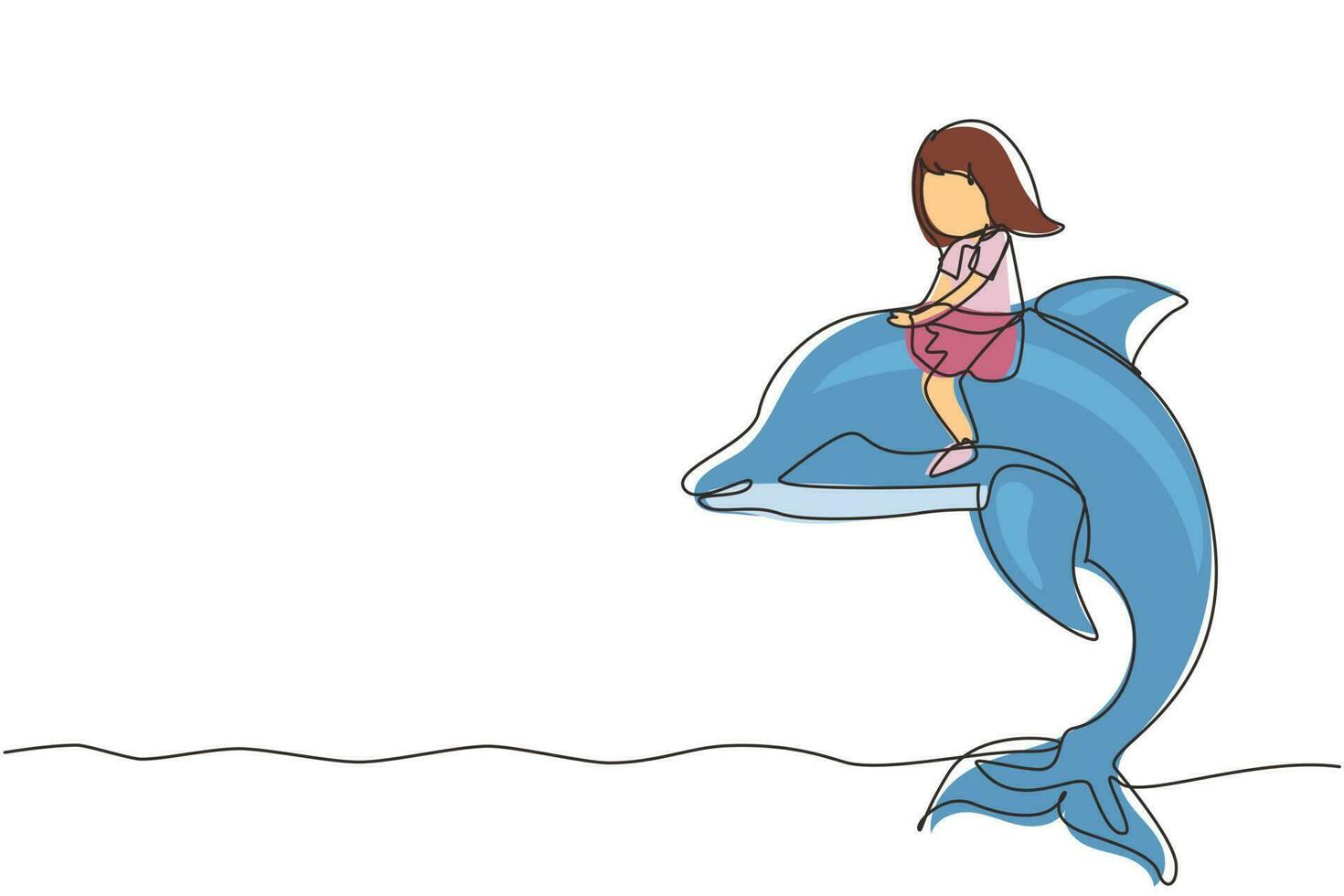 dibujo de una sola línea continua niña montando delfines. niño sentado en la espalda delfín en la piscina. niños con delfines nadando en el agua. ilustración de vector de diseño gráfico de dibujo de una línea