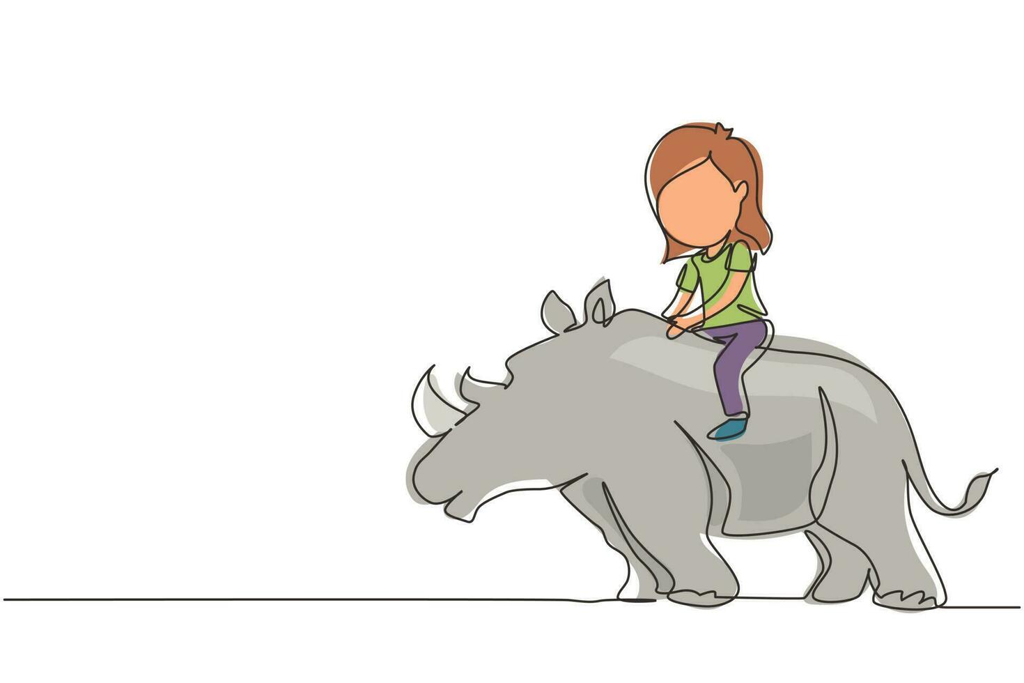 Single one line drawing happy girl riding rhino rhinoceros. Child sitting on back rhinoceros in zoo. Kids learning to ride rhinoceros. Modern continuous line draw design graphic vector illustration