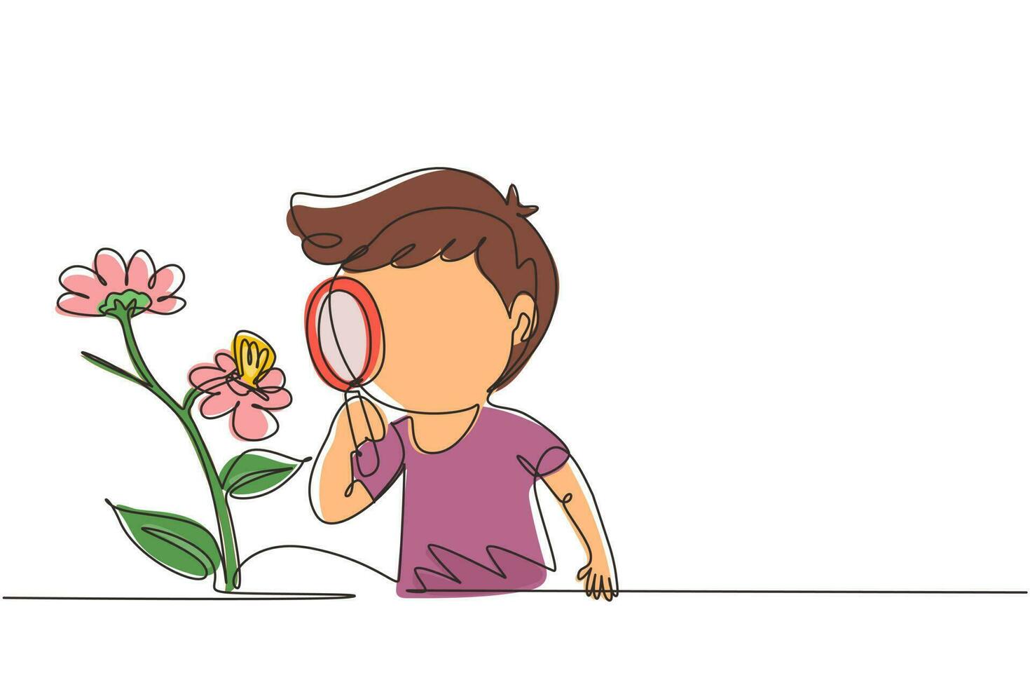 Single one line drawing little boy using magnifying glass and observing butterfly on leaf. Children observing nature. Kids activities. Modern continuous line draw design graphic vector illustration