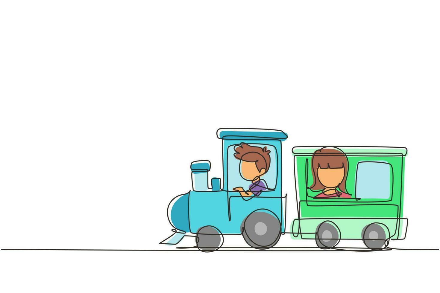 Single continuous line drawing cheerful boy and girl riding on train at amusement park. Happy kids riding toy train or having fairground ride. Children journey. One line draw graphic design vector