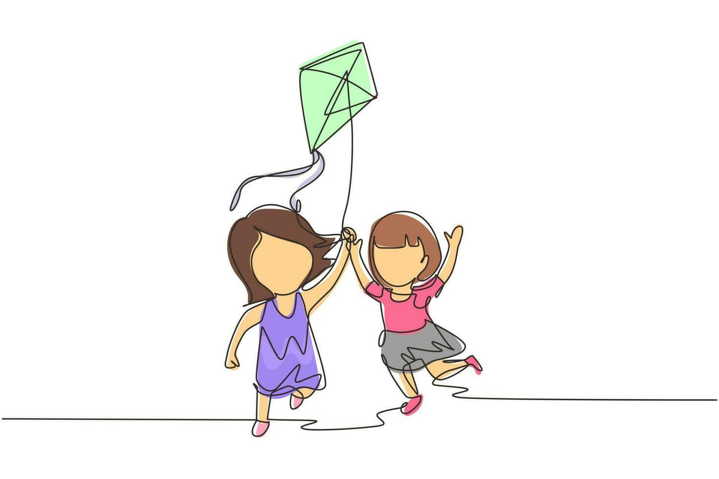 Single one line drawing two girl playing to fly kite up into sky at outdoor field. Kids playing kite in playground. Children with kites game and they look happy. Continuous line draw design graphic vector