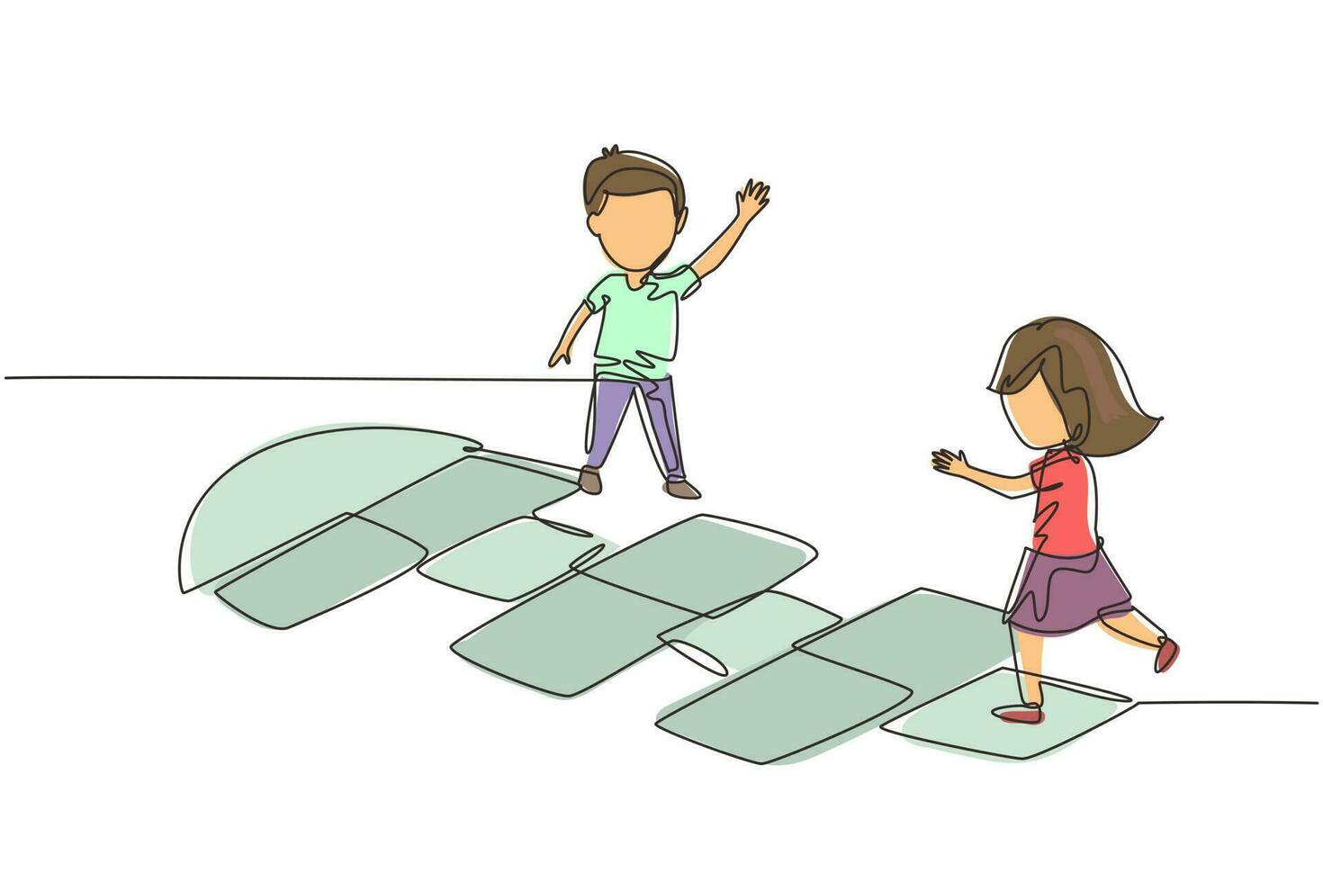 una sola línea continua dibujando a una niña y un niño jugando a la rayuela en el jardín de infantes. niños felices saltando en el patio de recreo. cancha de hop scotch dibujada con tiza. vector de diseño gráfico de dibujo de una línea