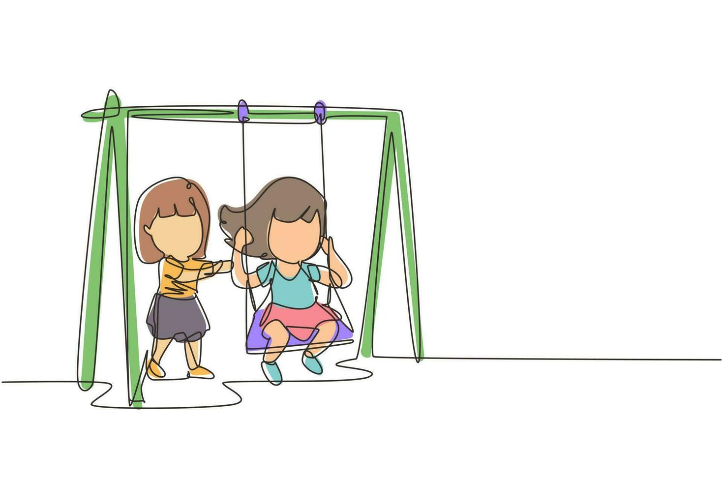 Single continuous line drawing little girl swinging on swing and her friend helped push from behind. Kids playing swing together in public park playground. One line graphic design vector illustration