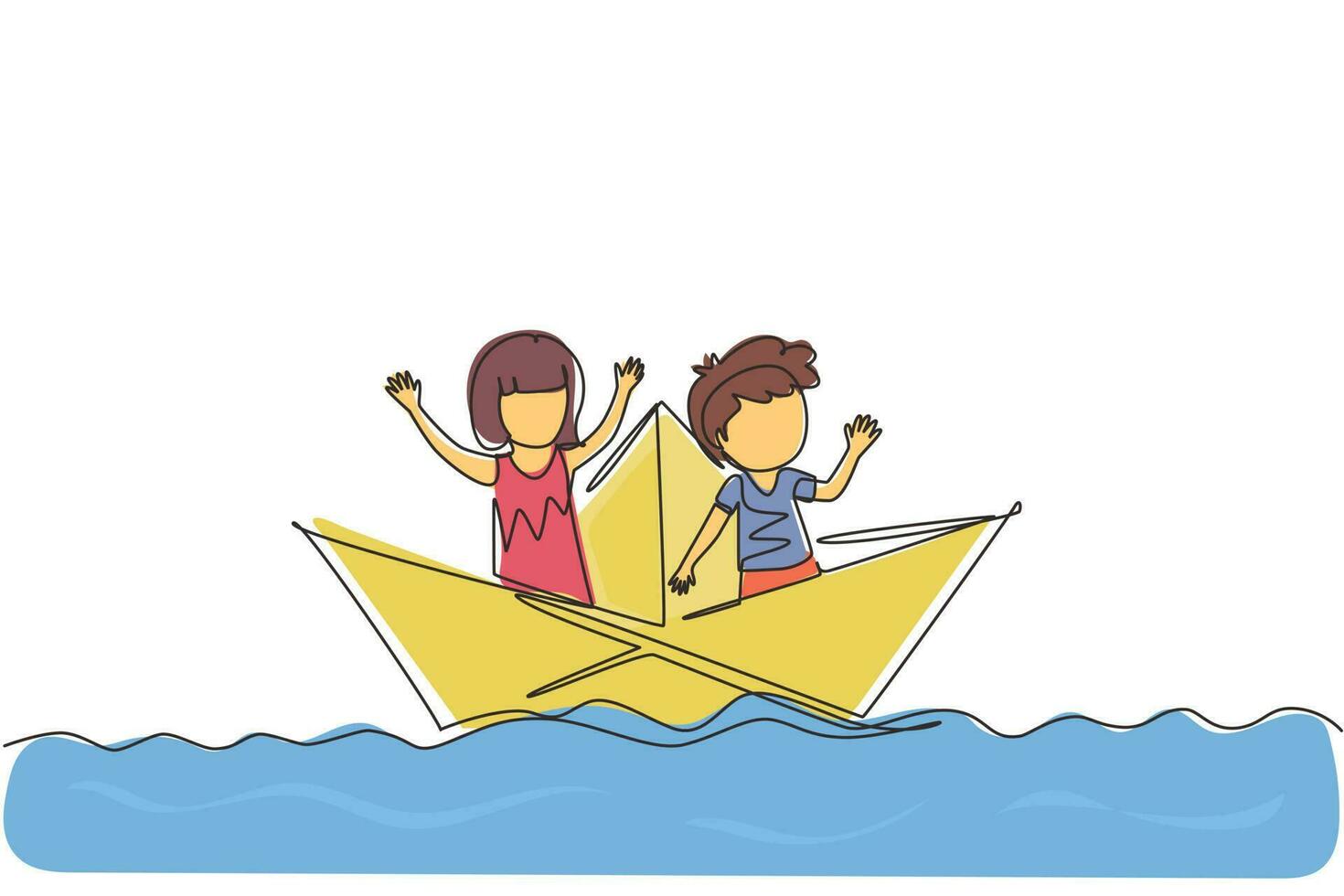 Single continuous line drawing cute boys and girls floating on paper boat on the water. Happy smiling kid having fun and playing sailor in imaginary world. One line graphic design vector illustration