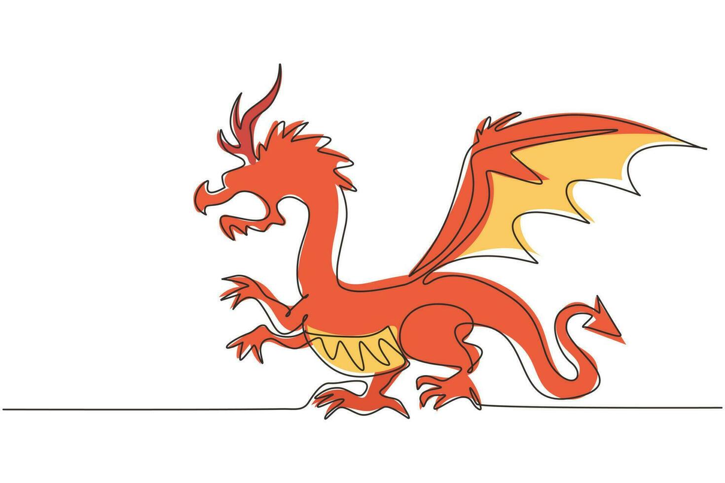 dragones de hadas de dibujo continuo de una línea. divertido dragón de cuento de hadas, lagarto mágico con alas y serpiente que escupe fuego. dragón volador reptil medieval. ilustración gráfica de vector de diseño de línea única