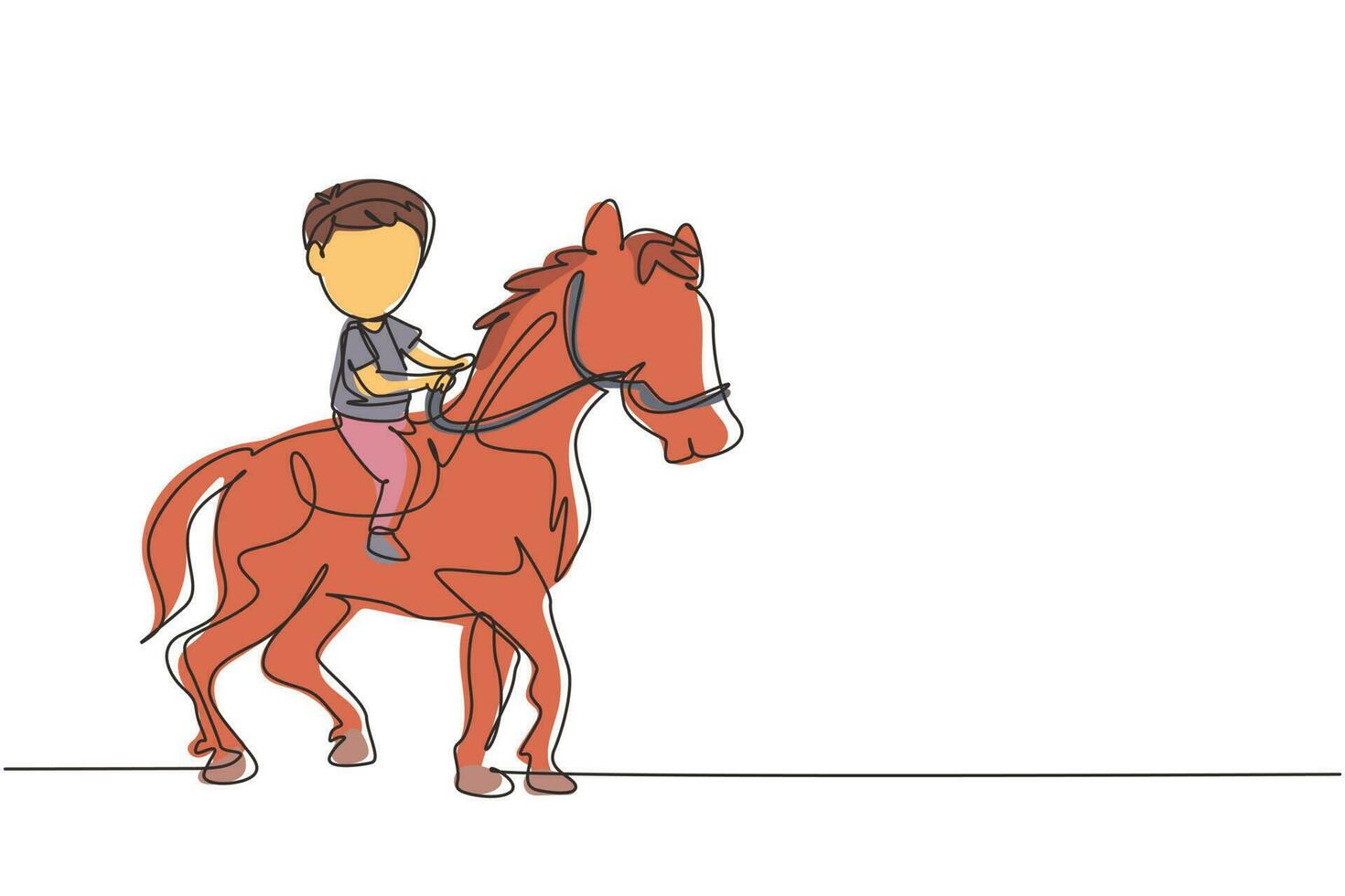 Single continuous line drawing happy cute boy riding cute horse. Child sitting on back horse with saddle in ranch park. Kids learning to ride horse. One line draw graphic design vector illustration