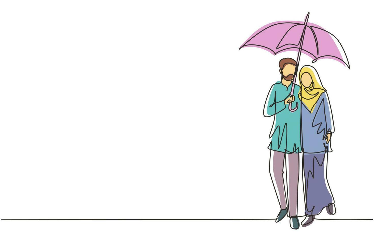 dibujo de una sola línea continua pareja árabe hombre mujer, niña y niño caminando sosteniendo paraguas bajo la lluvia abrazando sonriente. pareja romántica en el clima lluvioso de otoño. vector de diseño gráfico de dibujo de una línea