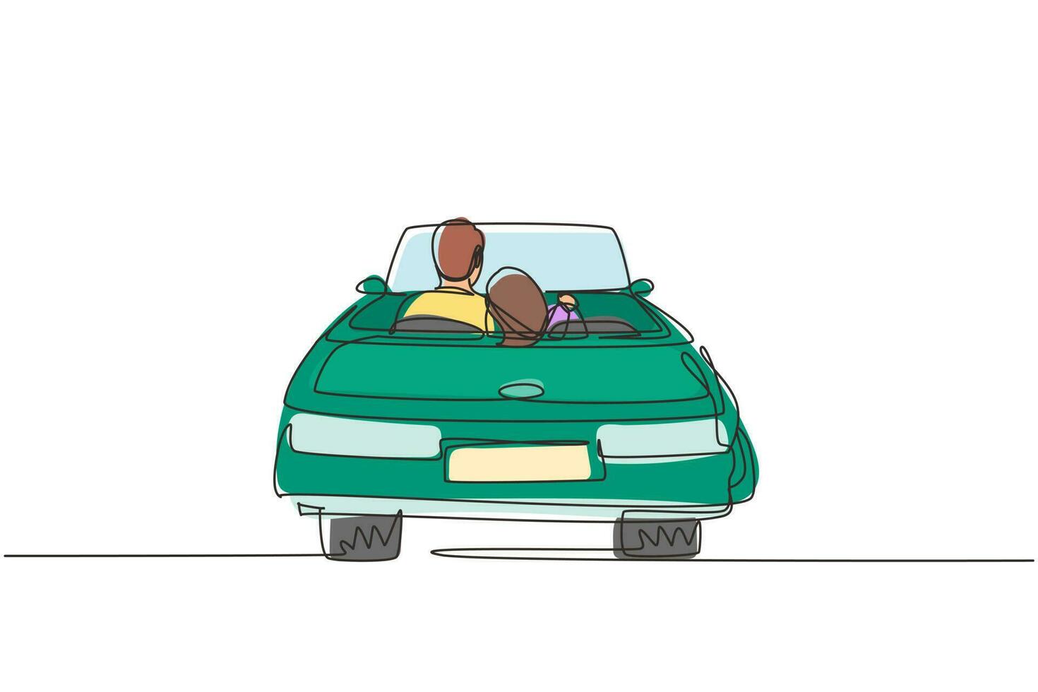 dibujo de una línea continua vista posterior pareja amorosa sentada y abrazándose en un auto convertible. hombre mujer preparándose para la boda. compromiso y relaciones amorosas. gráfico vectorial de diseño de dibujo de una sola línea vector