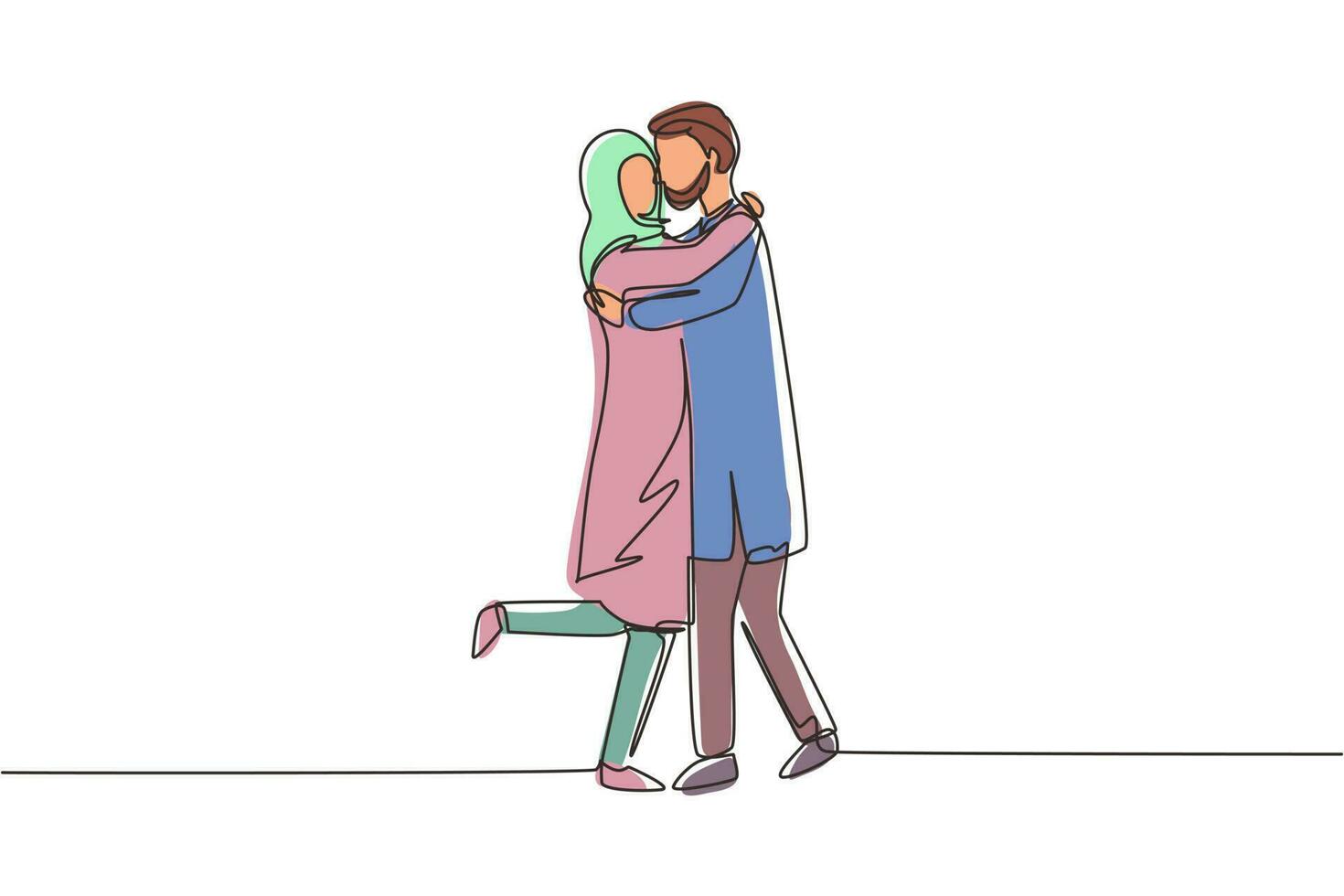 Single continuous line drawing cute Arab couple in romantic pose. Happy man hugging his partner woman. Intimacy celebrates wedding anniversary. Dynamic one line draw graphic design vector illustration