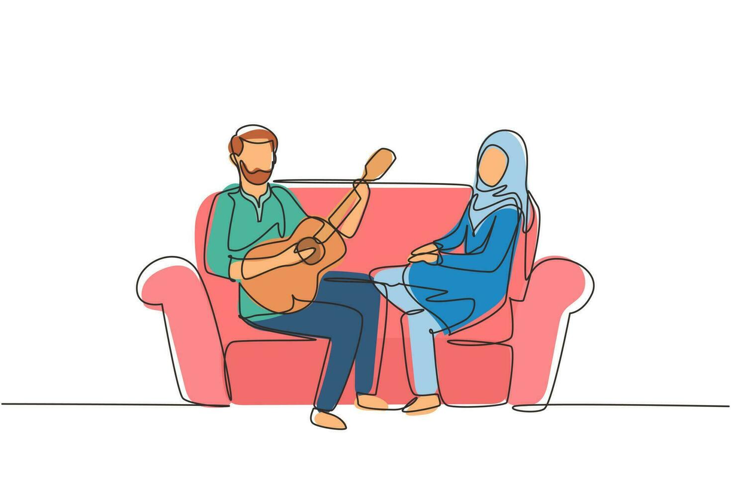 Single continuous line drawing Arabian couple together in love. Boy is playing guitar to his girlfriend in living room on sofa. Girl listen and singing together. One line draw graphic design vector