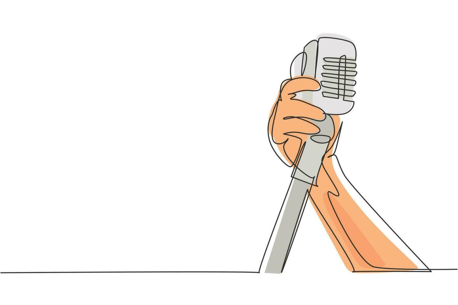 Continuous one line drawing hand holding a retro microphone over white background. Rock music live concert with old microphone. Mic for sing a song. Single line draw design vector graphic illustration