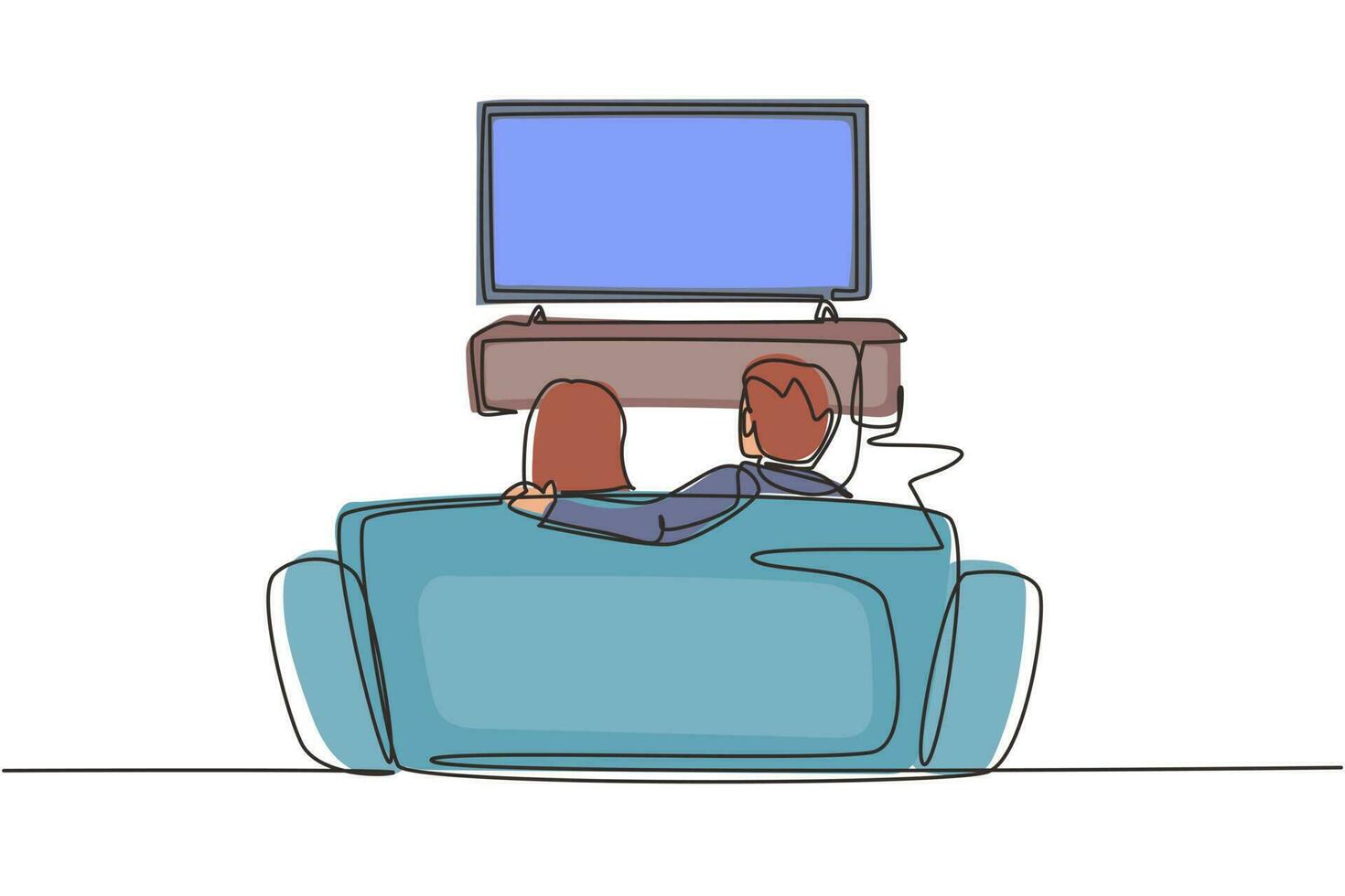 Single one line drawing family sitting on sofa and watch tv in living room at evening. Lounge room interior with rear view of couple on couch. Continuous line draw design graphic vector illustration